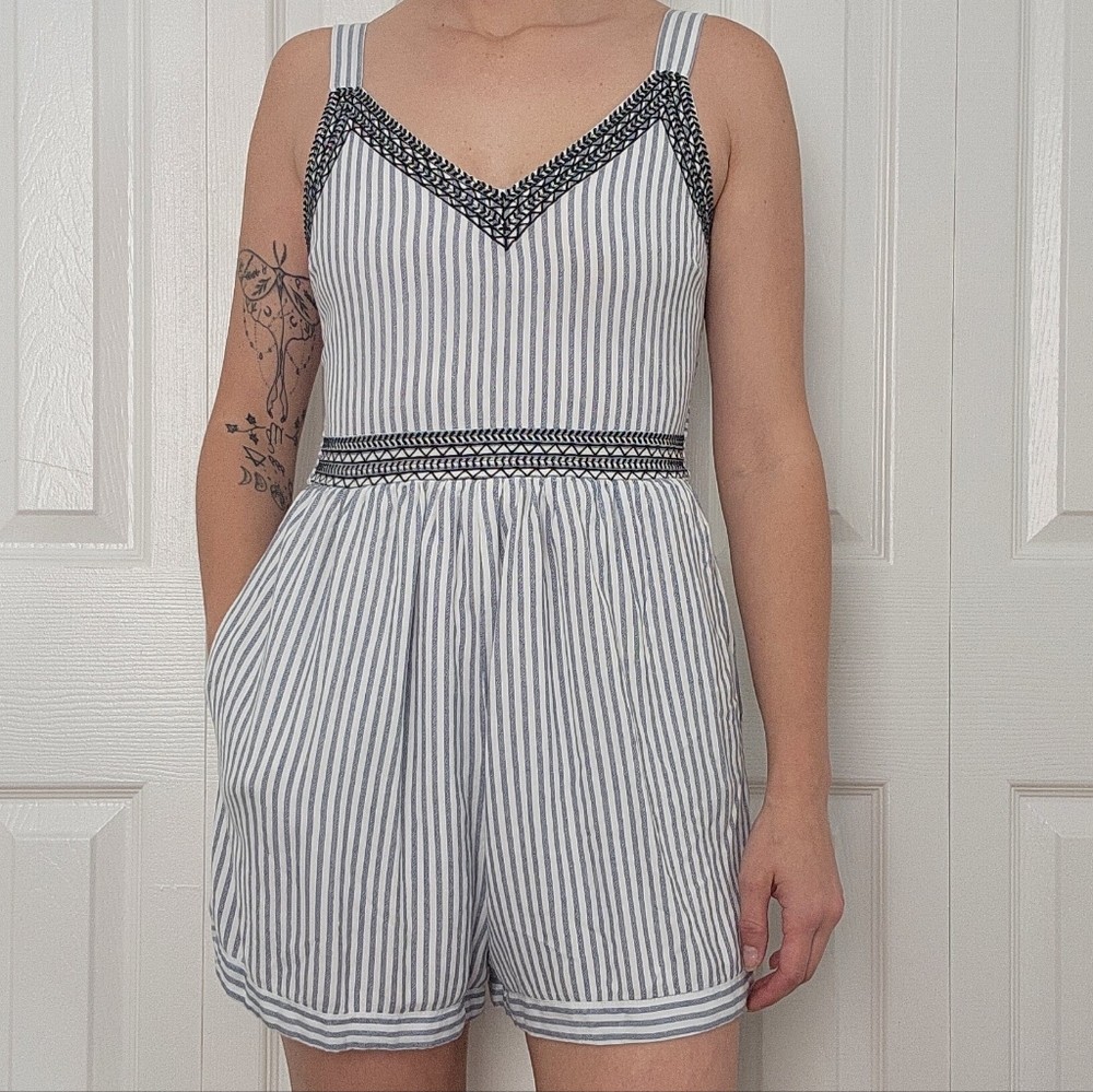 Striped V-Neck Romper with Crochet Trim - White & Navy